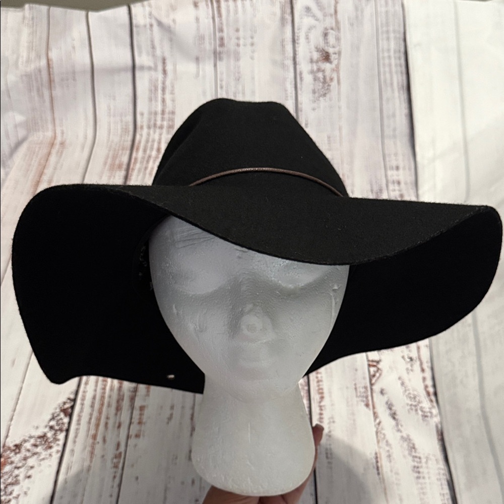 PETER GRIMM Black Wide Brim Wool Fedora Hat with Brown Leather Cord - Picture 10 of 15